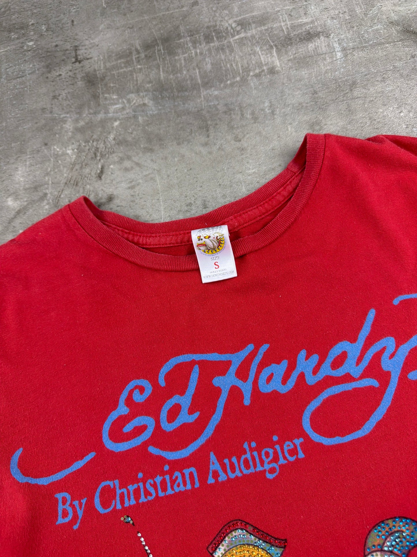 Ed Hardy by Christian Audigier Rhinestone Nurse Graphic Tee - Red