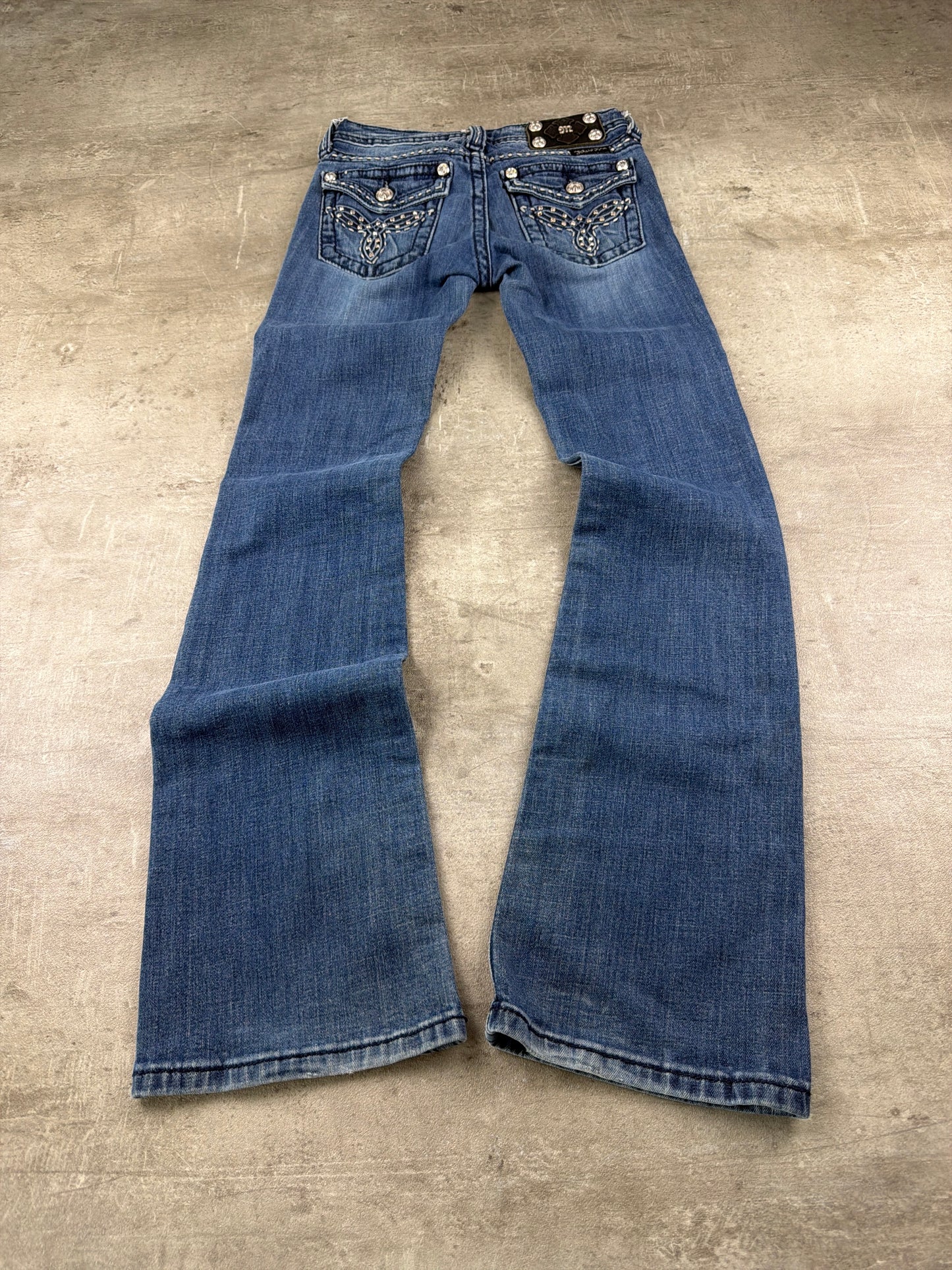 Miss Me Y2K Embellished Rhinestone Flare Denim - Medium Blue Wash