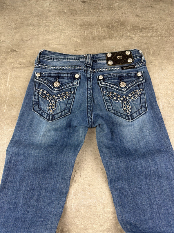 Miss Me Y2K Embellished Rhinestone Flare Denim - Medium Blue Wash