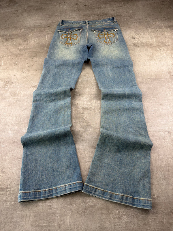 Y2K Cross Rhinestone Bootcut Denim - Light Blue