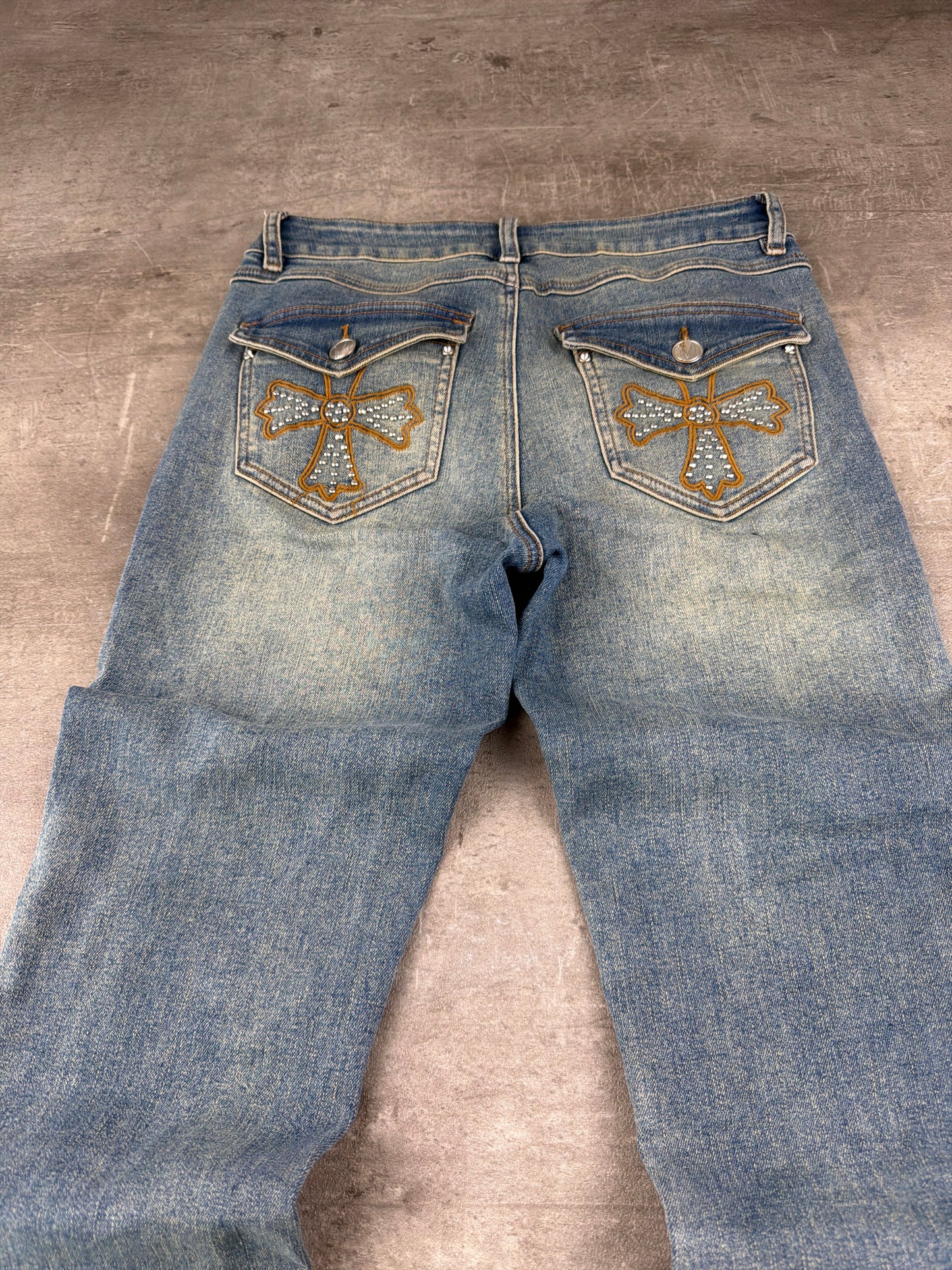 Y2K Cross Rhinestone Bootcut Denim - Light Blue