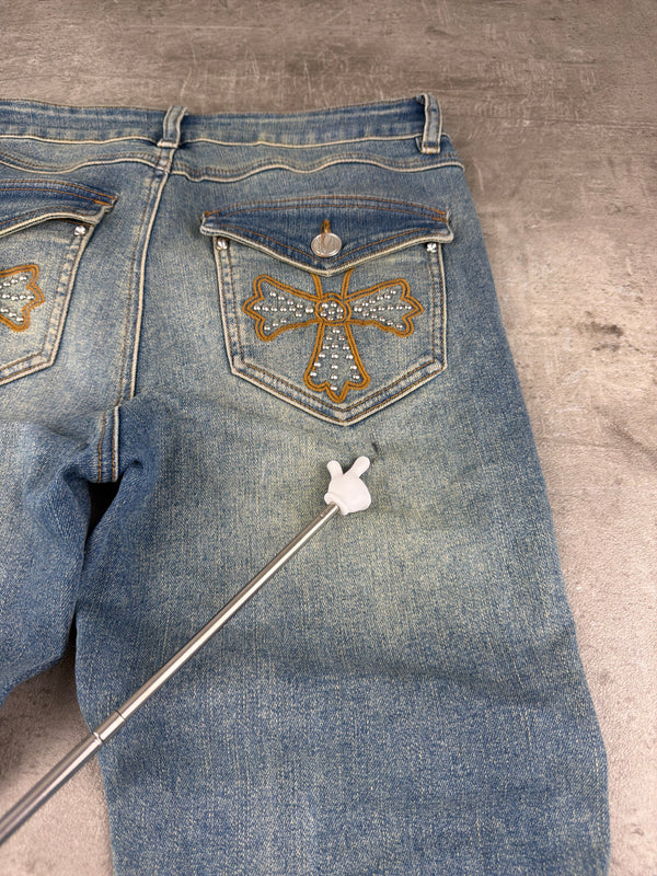 Y2K Cross Rhinestone Bootcut Denim - Light Blue