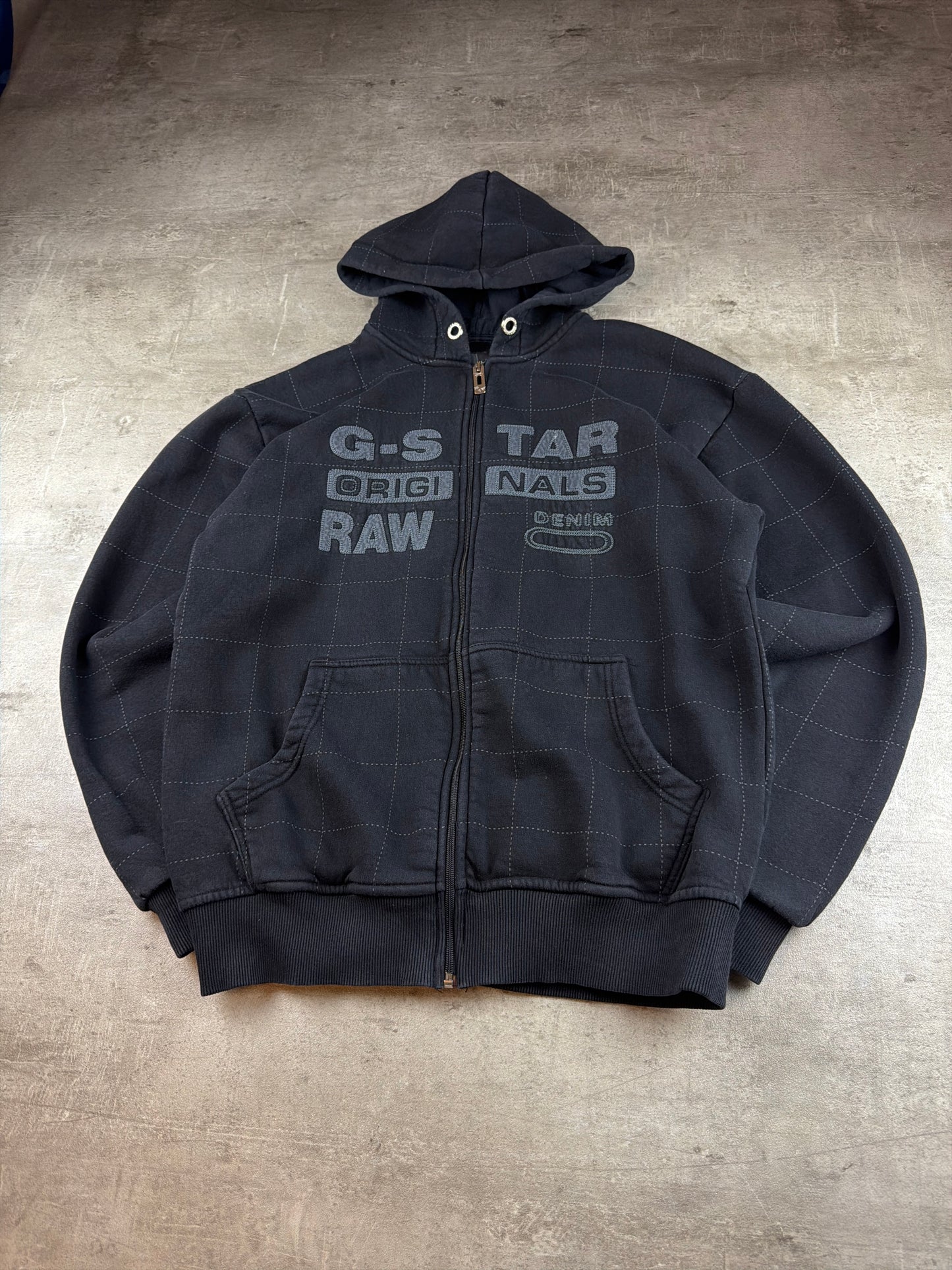 G-Star RAW Vintage "Grid Stitch" Graphic Zip Hoodie - All Black