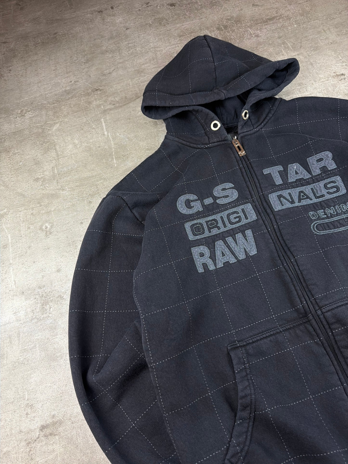 G-Star RAW Vintage "Grid Stitch" Graphic Zip Hoodie - All Black