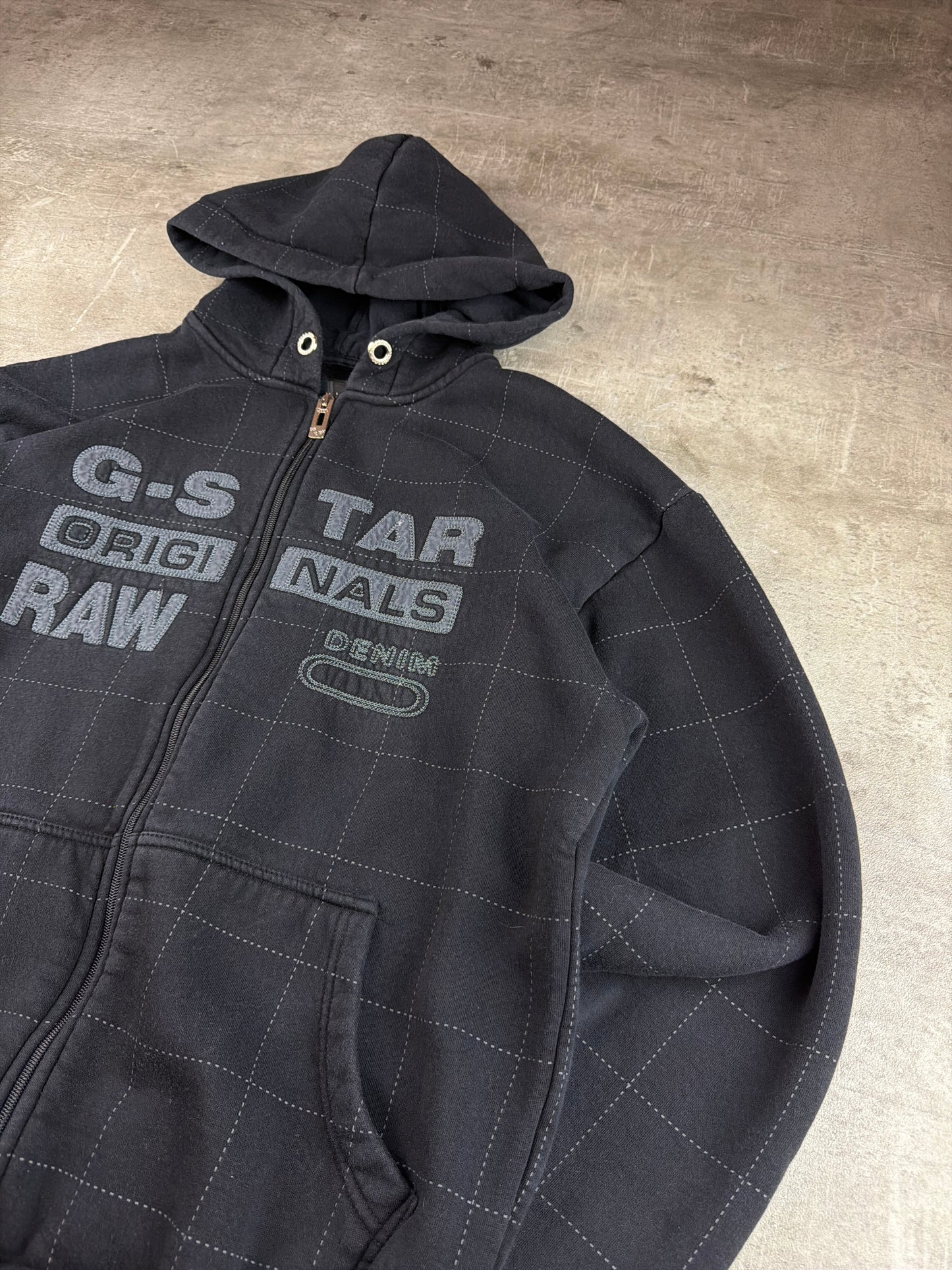 G-Star RAW Vintage "Grid Stitch" Graphic Zip Hoodie - All Black
