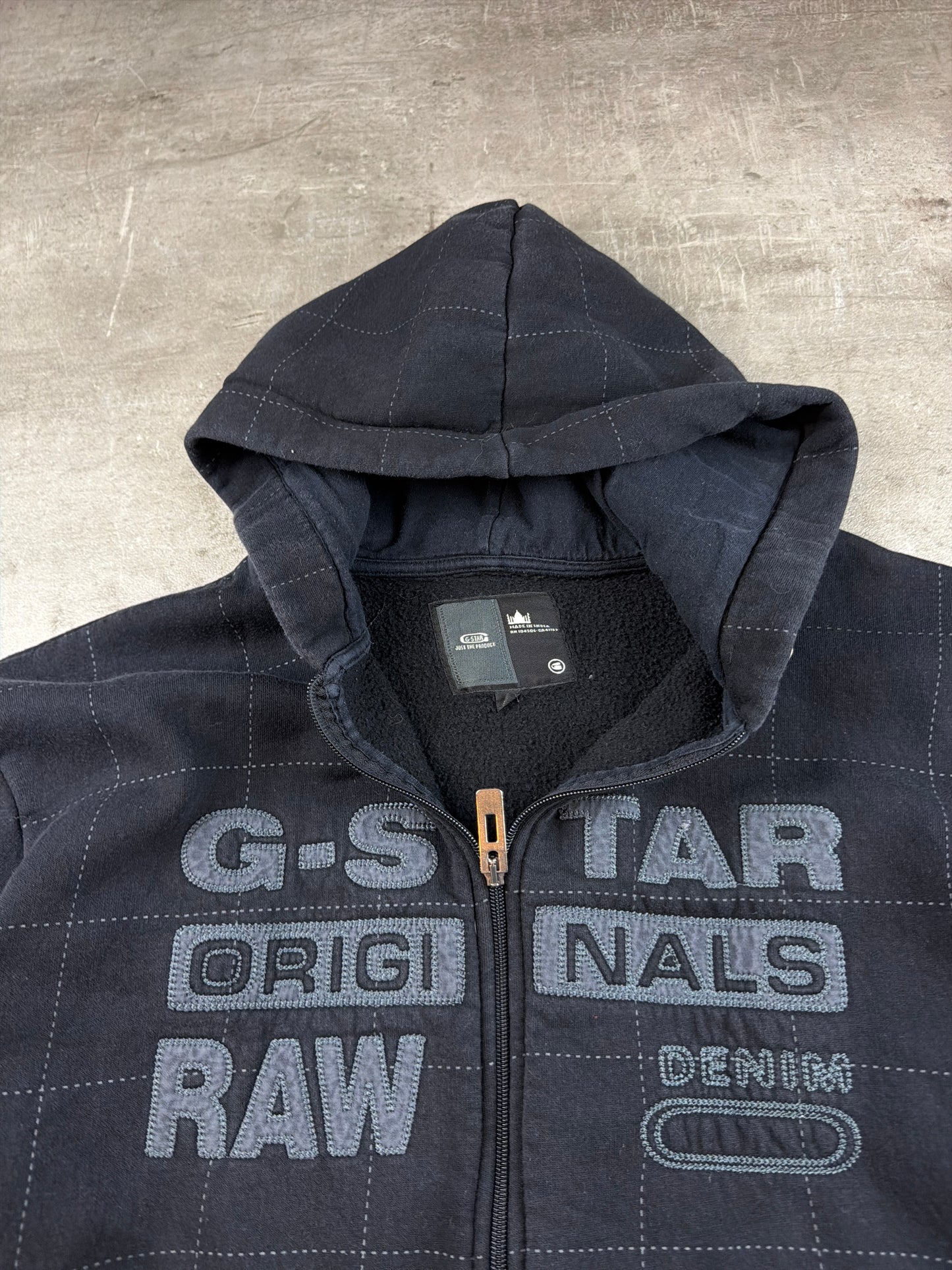 G-Star RAW Vintage "Grid Stitch" Graphic Zip Hoodie - All Black