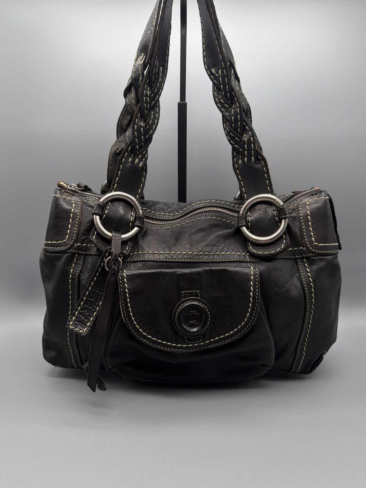 Fossil Vintage Braided Strap Leather Shoulder Bag - Dark Brown