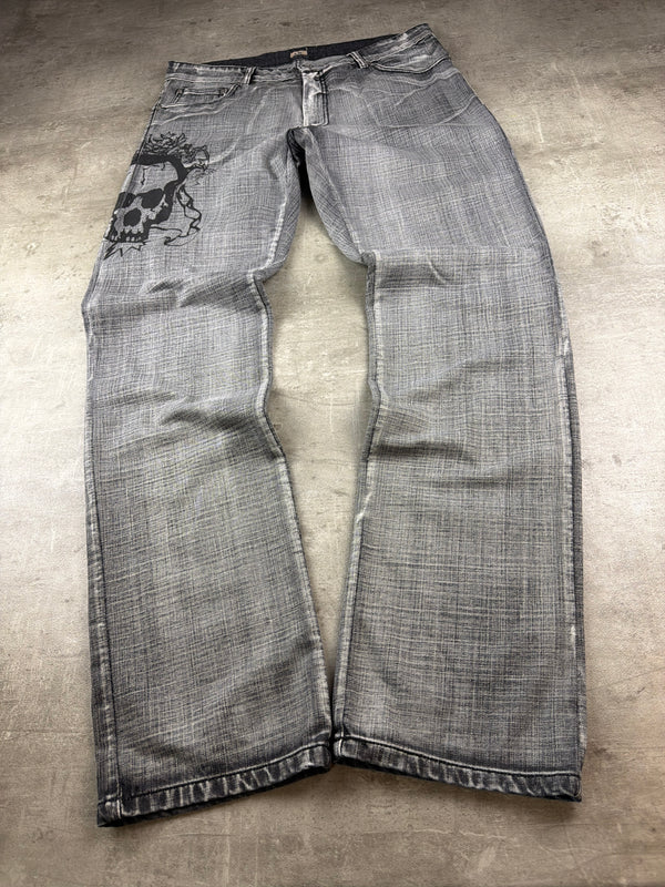 AJC Y2K Skull Graphic Baggy Denim Jeans - Washed Grey / Black