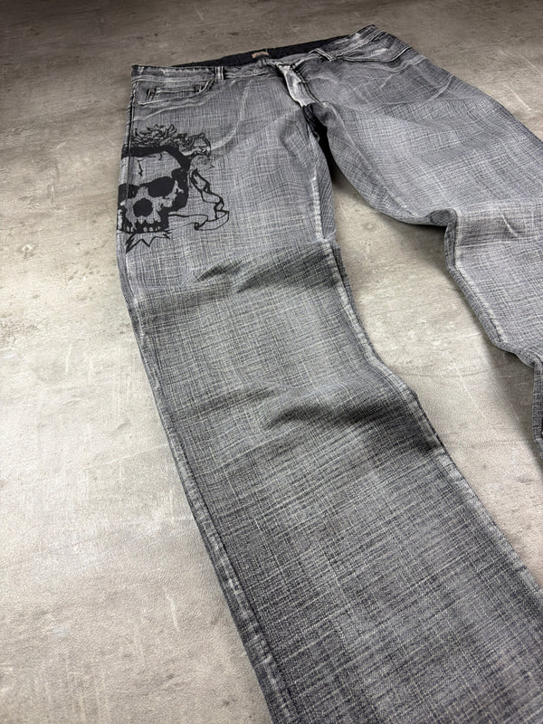 AJC Y2K Skull Graphic Baggy Denim Jeans - Washed Grey / Black