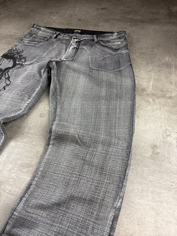AJC Y2K Skull Graphic Baggy Denim Jeans - Washed Grey / Black
