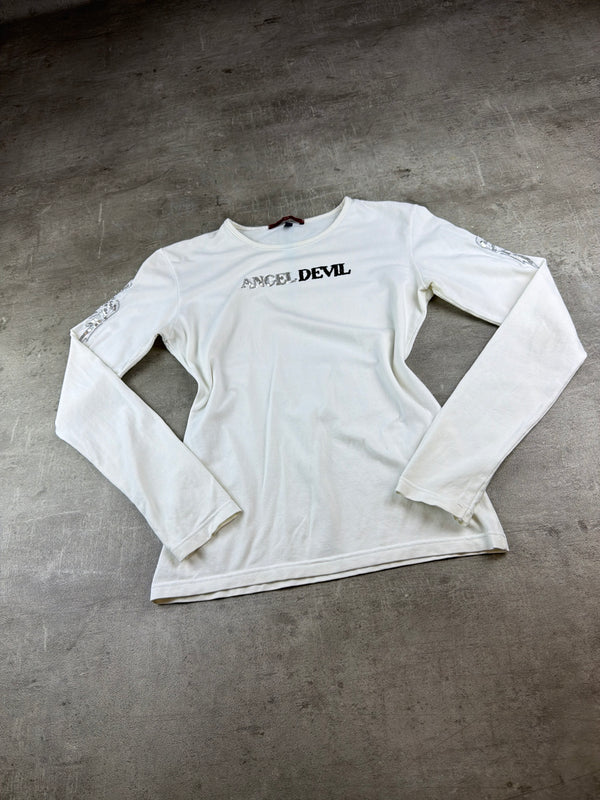 Angel Devil Y2K Sequin Wings Longsleeve - White / Silver