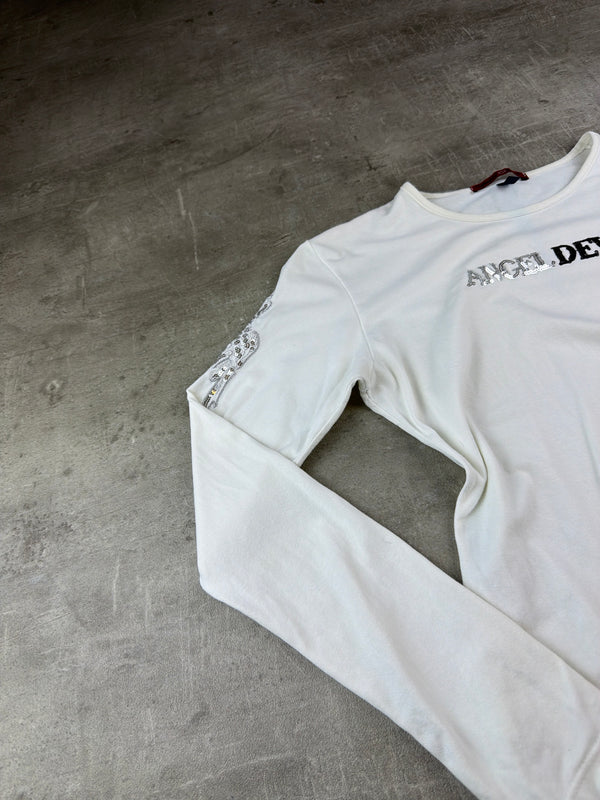 Angel Devil Y2K Sequin Wings Longsleeve - White / Silver