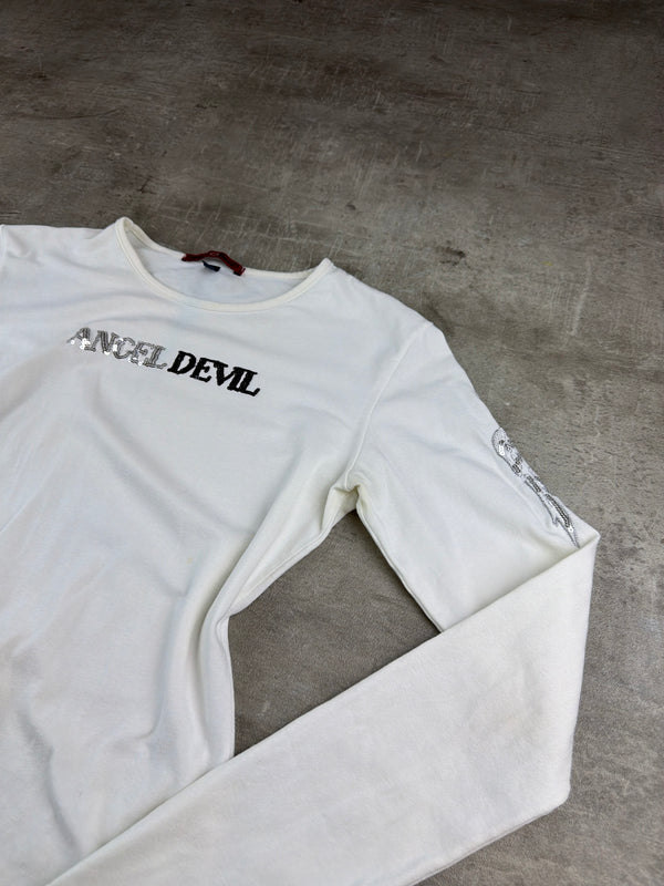 Angel Devil Y2K Sequin Wings Longsleeve - White / Silver