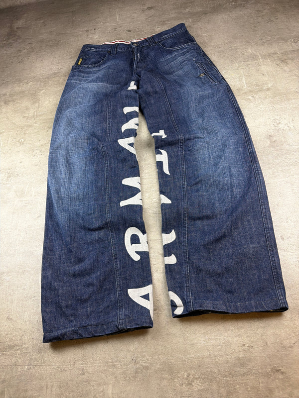 Armani Jeans Archive Baggy Spellout Print Denim - Washed Blue / White