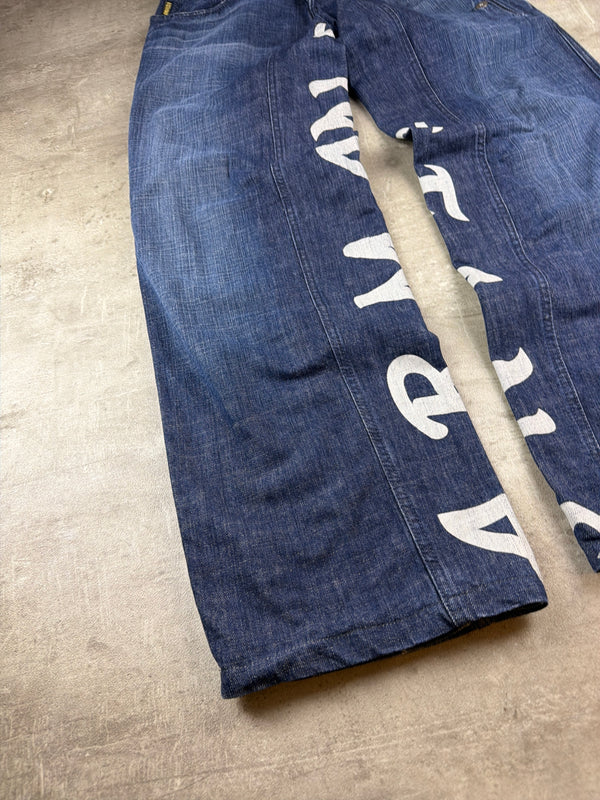 Armani Jeans Archive Baggy Spellout Print Denim - Washed Blue / White