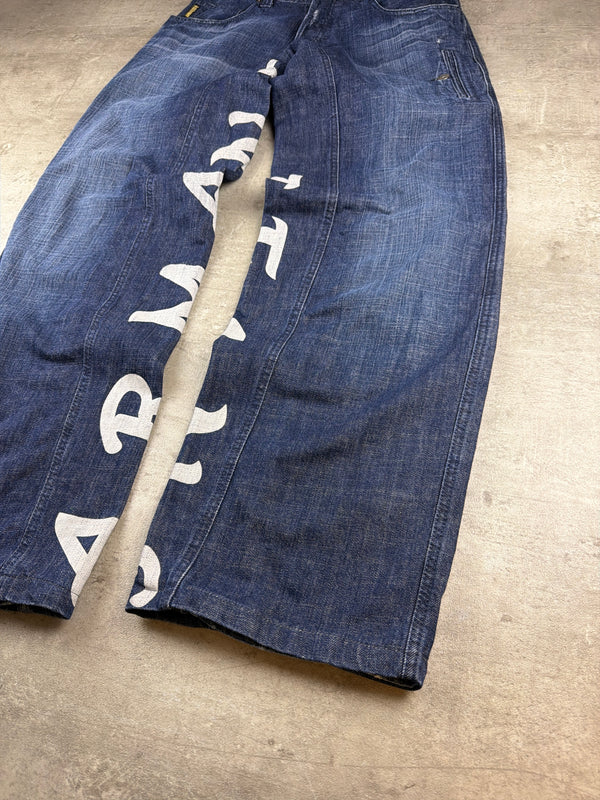 Armani Jeans Archive Baggy Spellout Print Denim - Washed Blue / White