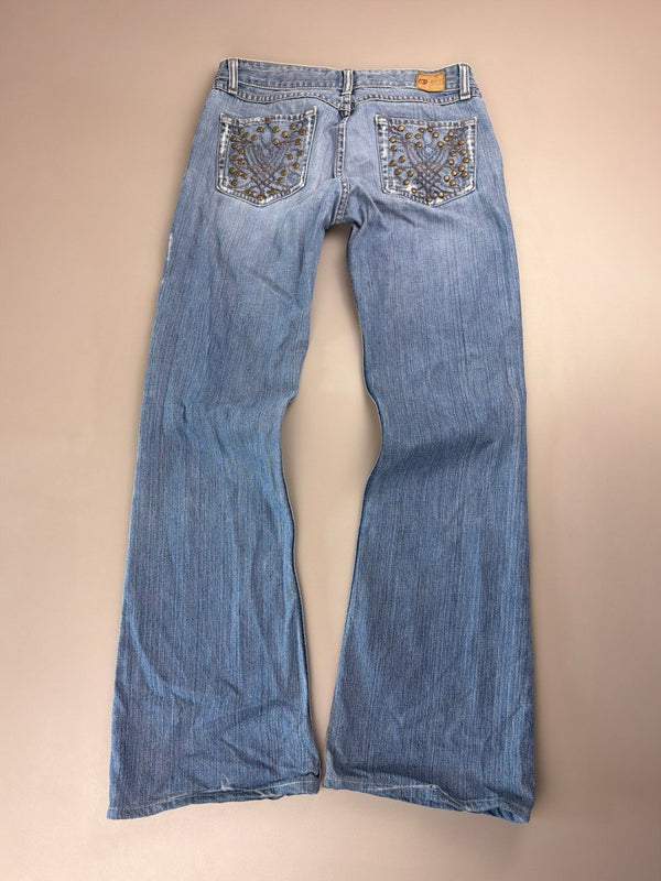 BKE Denim Y2K Low Waist Flare Jeans - Medium Wash Studded