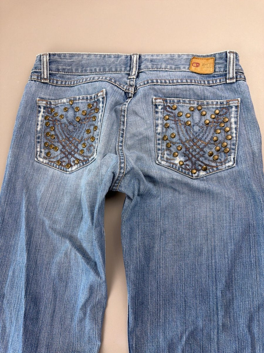 BKE Denim Y2K Low Waist Flare Jeans - Medium Wash Studded - Past Pieces