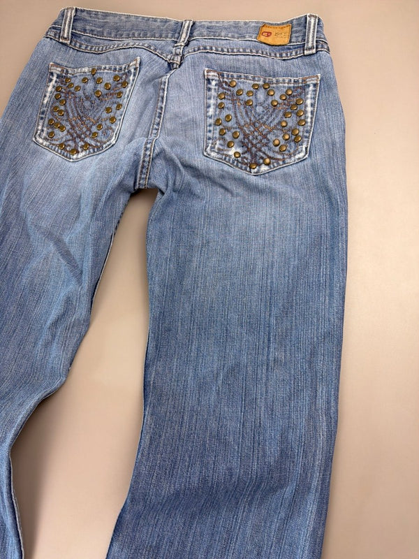 BKE Denim Y2K Low Waist Flare Jeans - Medium Wash Studded