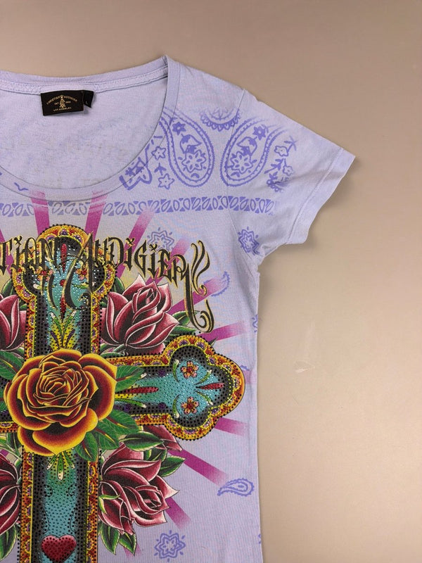 Christian Audigier Archive "Royal Cross" Rhinestone Tee - Lilac