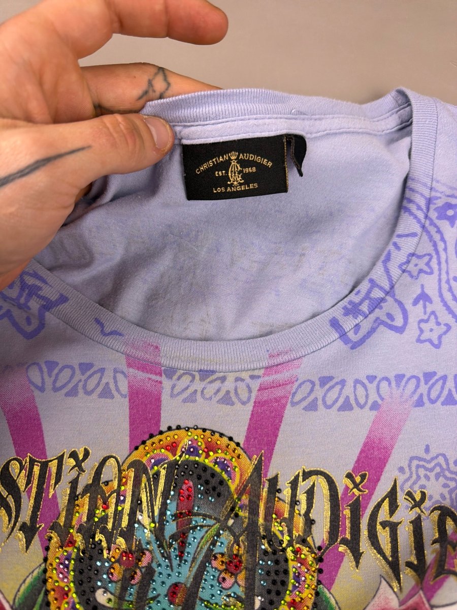 Christian Audigier Archive "Royal Cross" Rhinestone Tee - Lilac - Past Pieces
