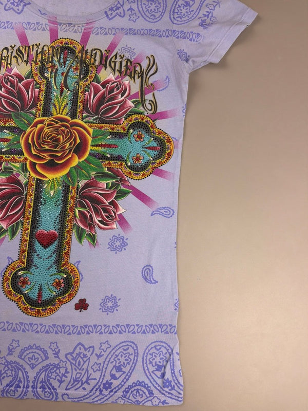 Christian Audigier Archive "Royal Cross" Rhinestone Tee - Lilac