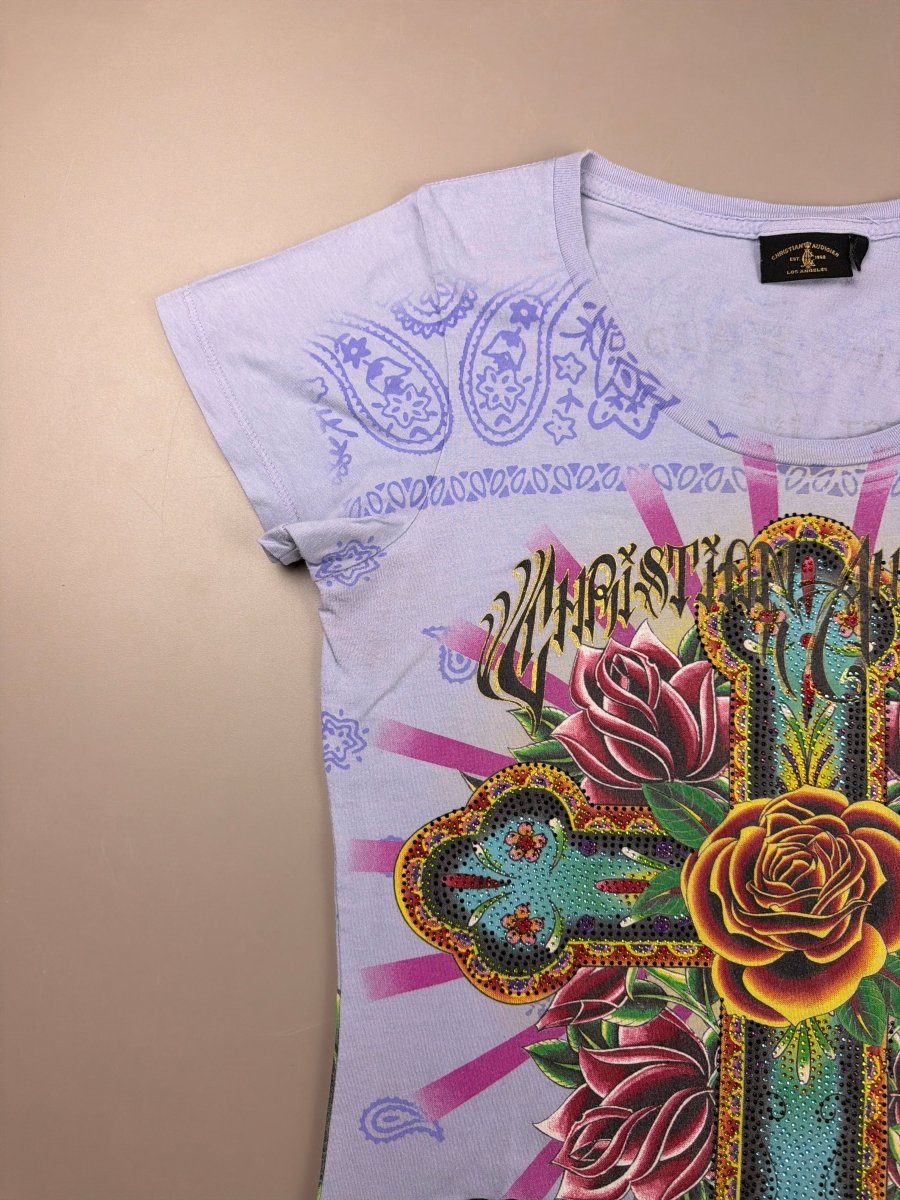 Christian Audigier Archive "Royal Cross" Rhinestone Tee - Lilac - Past Pieces