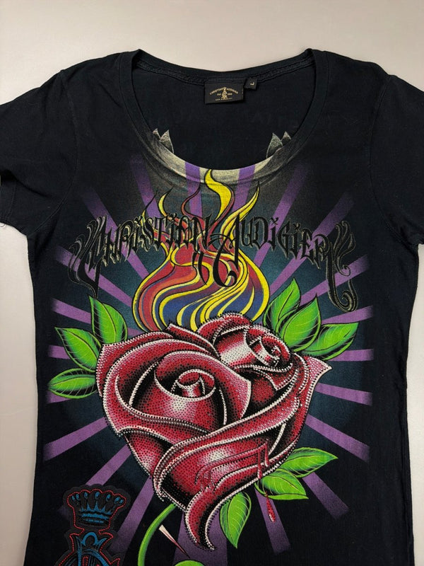 Christian Audigier Archive "Royal Tattoo" Rhinestone Tee - Black
