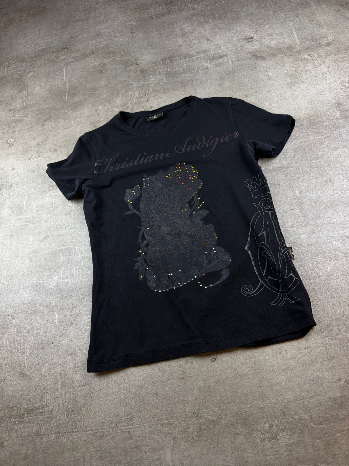 Christian Audigier Y2K Rhinestone Graphic Baby Tee - Black - Past Pieces
