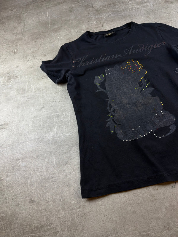 Christian Audigier Y2K Rhinestone Graphic Baby Tee - Black