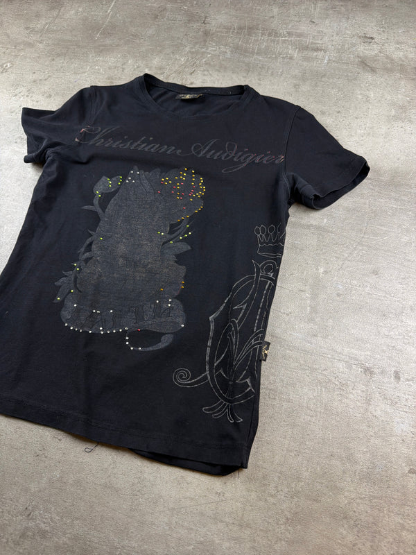 Christian Audigier Y2K Rhinestone Graphic Baby Tee - Black