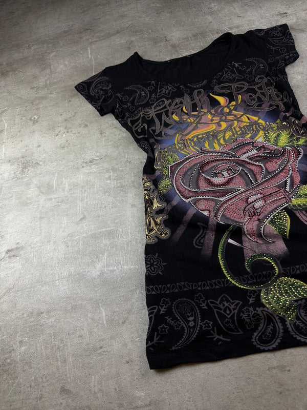 Christian Audigier Y2K Rhinestone "With Love" Rose Graphic Tee - Black / Pink