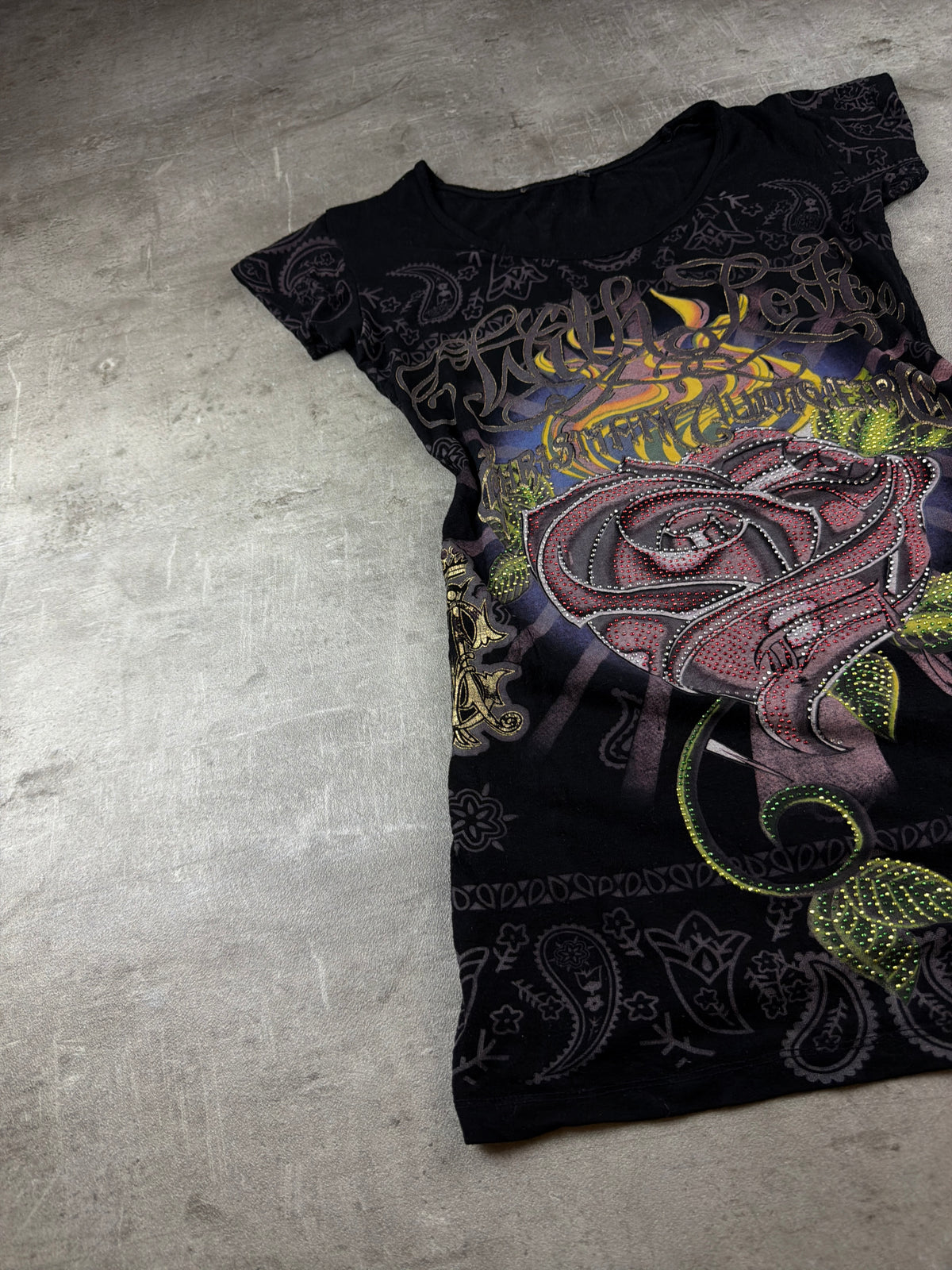 Christian Audigier Y2K Rhinestone "With Love" Rose Graphic Tee - Black / Pink - Past Pieces