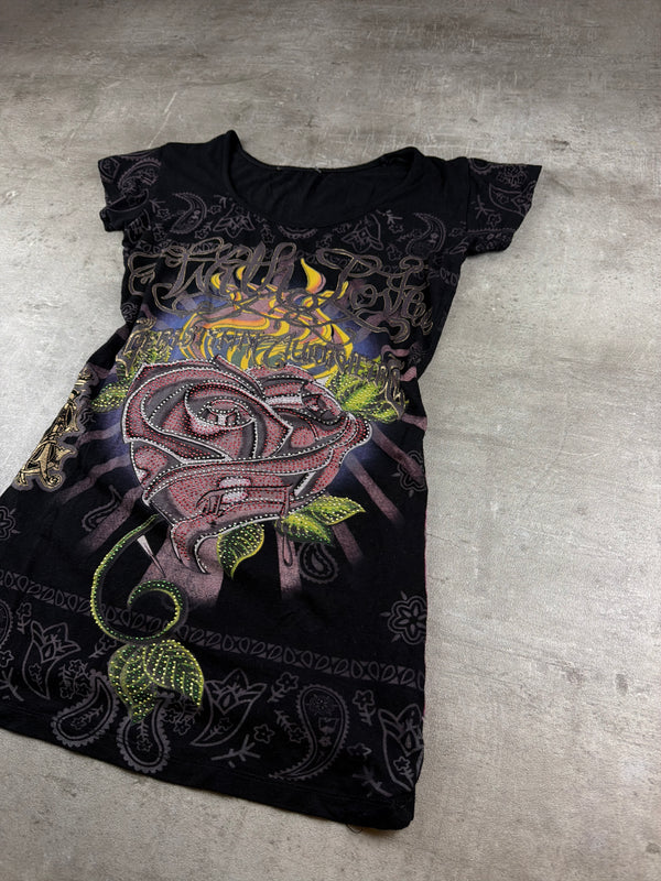 Christian Audigier Y2K Rhinestone "With Love" Rose Graphic Tee - Black / Pink