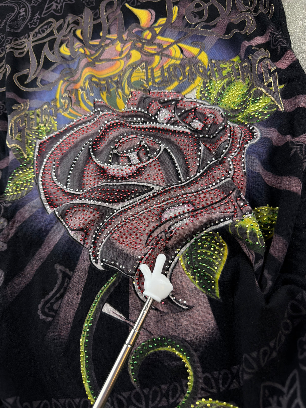 Christian Audigier Y2K Rhinestone "With Love" Rose Graphic Tee - Black / Pink - Past Pieces