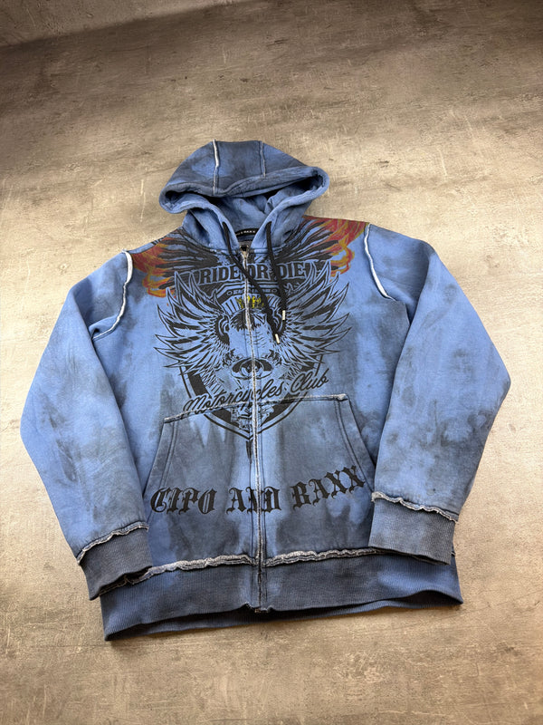 Cipo & Baxx Y2K "Ride or Die" Graphic Zip Hoodie - Washed Blue / Distressed