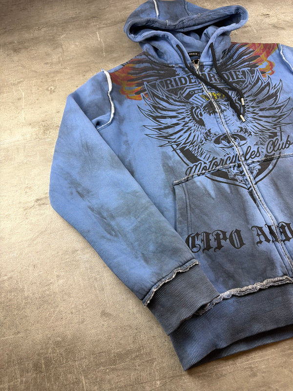Cipo & Baxx Y2K "Ride or Die" Graphic Zip Hoodie - Washed Blue / Distressed