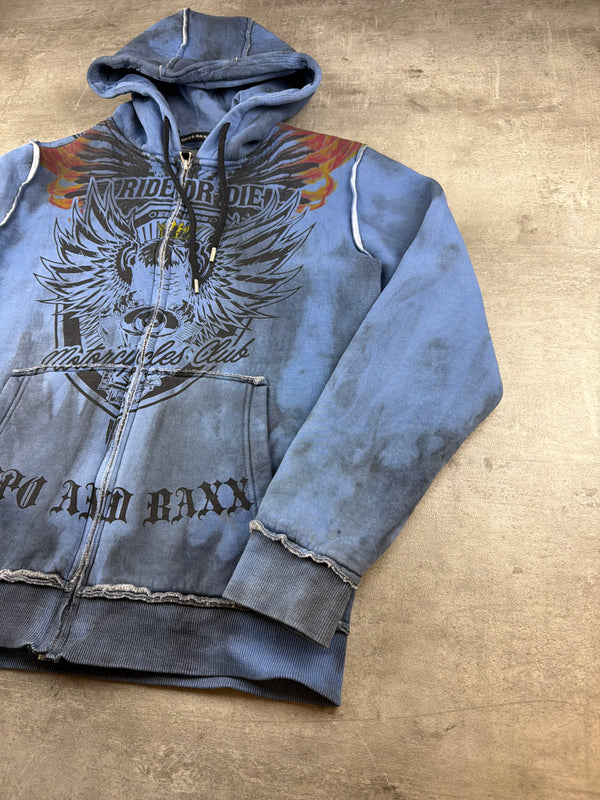 Cipo & Baxx Y2K "Ride or Die" Graphic Zip Hoodie - Washed Blue / Distressed