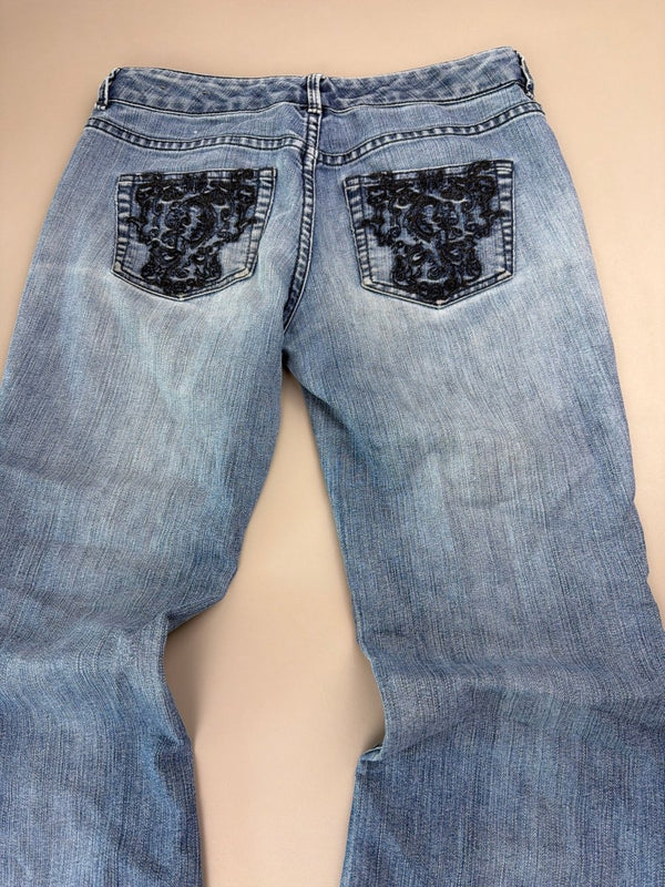 Cyber Y2K "Baroque" Embellished Low Waist Jeans - Light Wash