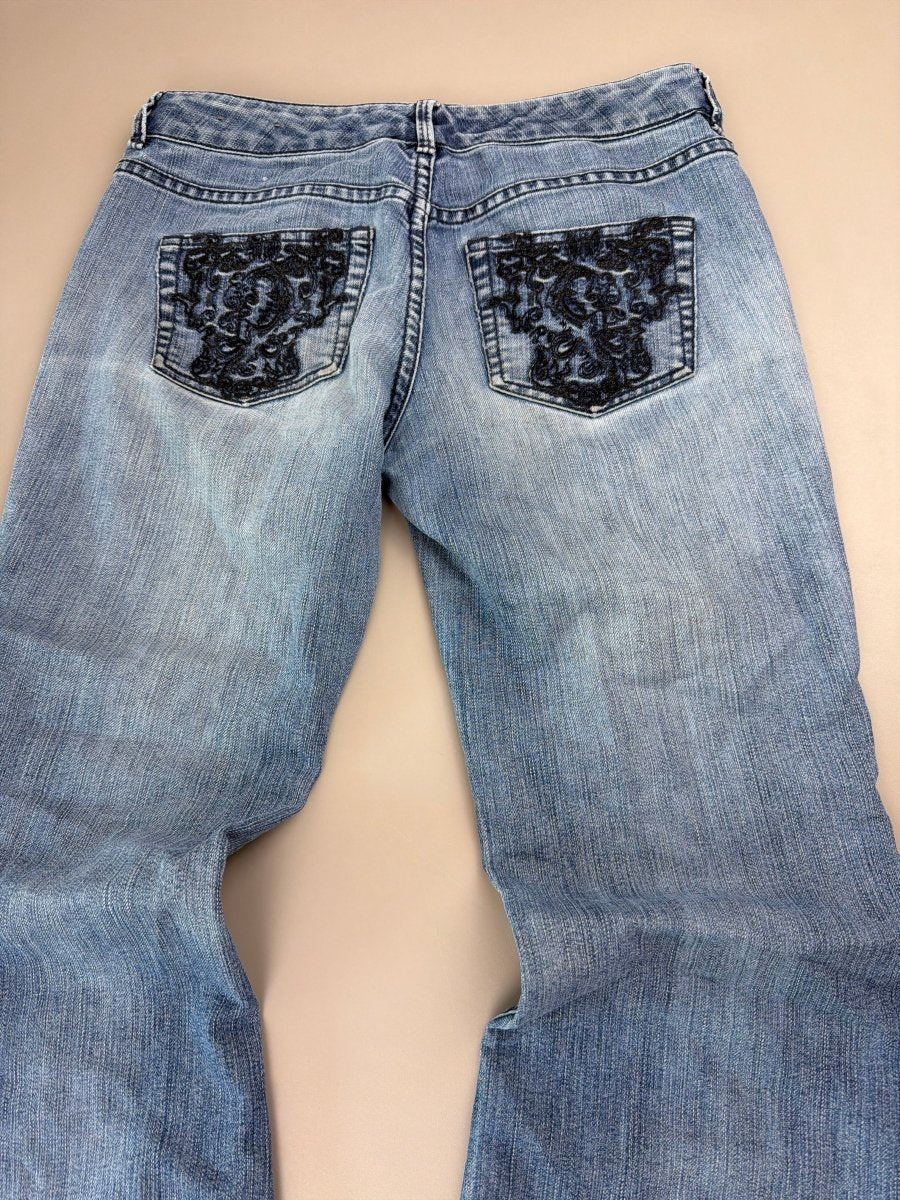 Cyber Y2K "Baroque" Embellished Low Waist Jeans - Light Wash - Past Pieces