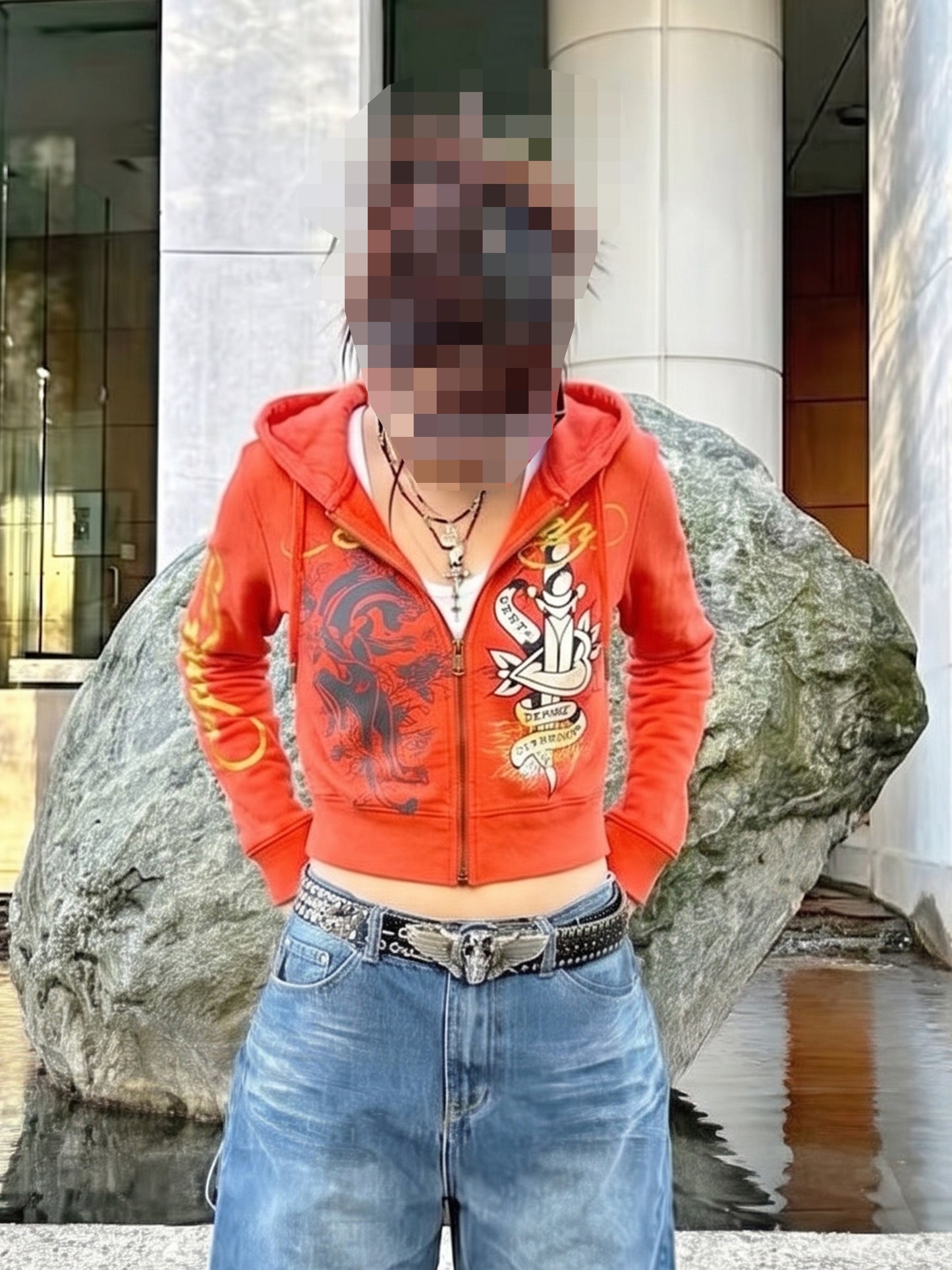 Ed Hardy Y2K "Death Before Dishonor" Zip Hoodie - Vibrant Orange