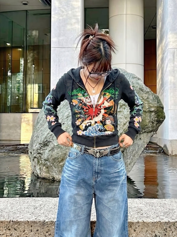 Ed Hardy Archive Tattoo "Geisha & Dragon" Graphic Zip Hoodie - Black