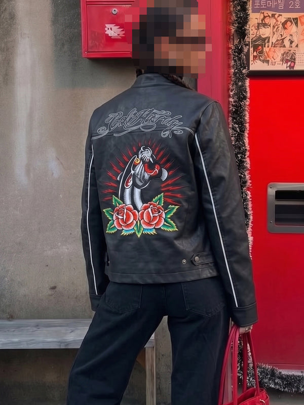 Ed Hardy Archive "Panther Lightning" Moto Jacket - Black