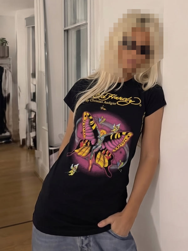 Ed Hardy Archive "Fairy Butterfly" Baby Tee - Black Y2K