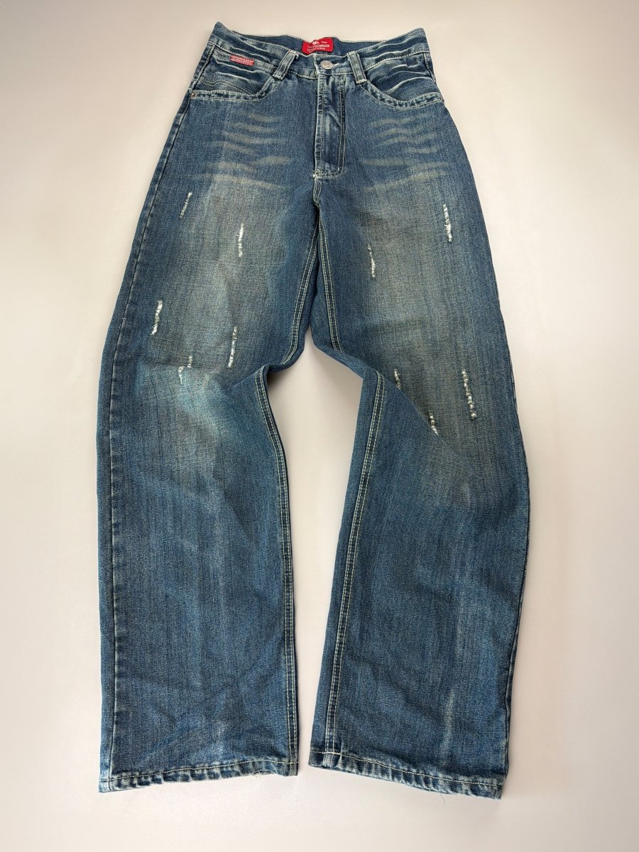 Dermson "Blaze" Embroidered Wide Leg Jeans - Cyber Y2K Flame Denim - Past Pieces