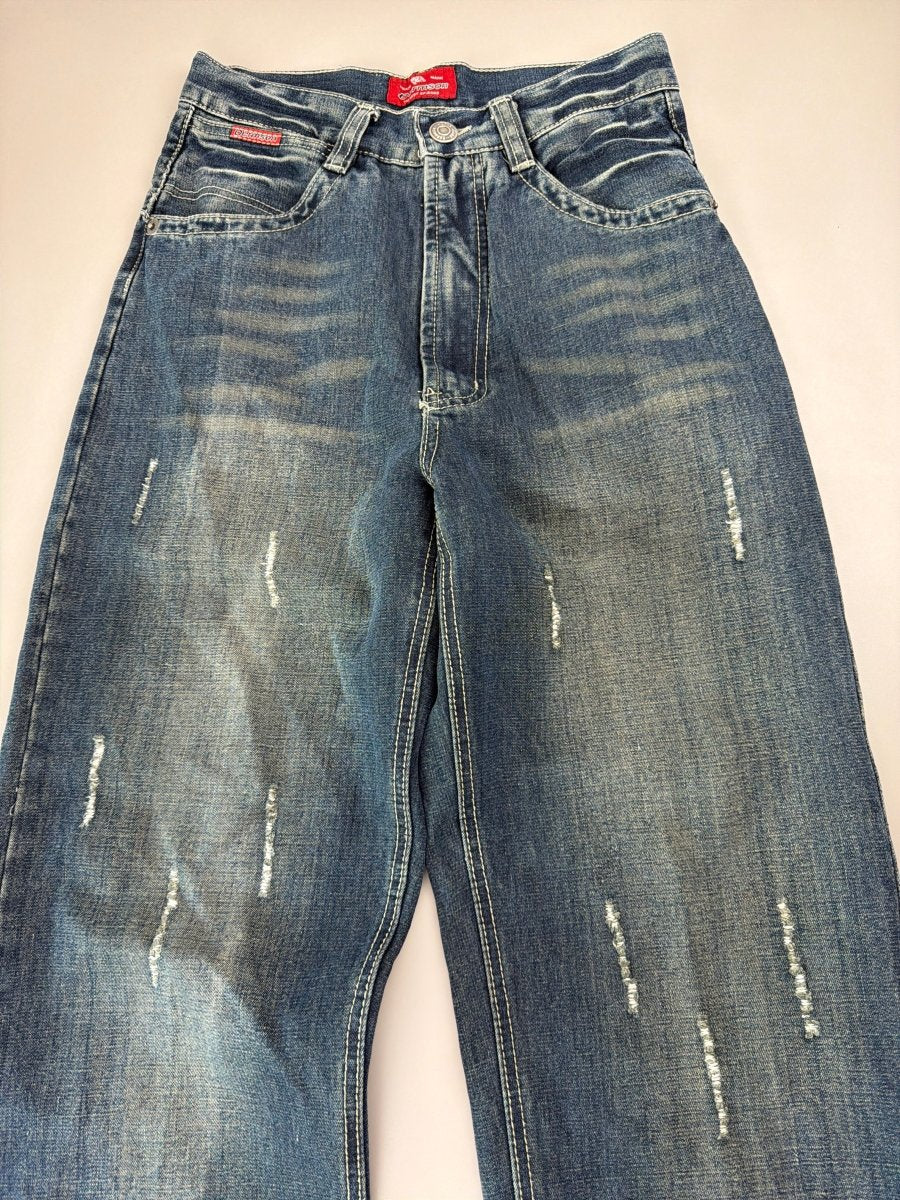 Dermson "Blaze" Embroidered Wide Leg Jeans - Cyber Y2K Flame Denim - Past Pieces