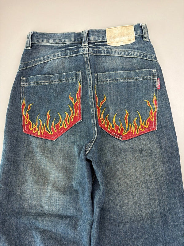 Dermson "Blaze" Embroidered Wide Leg Jeans - Cyber Y2K Flame Denim