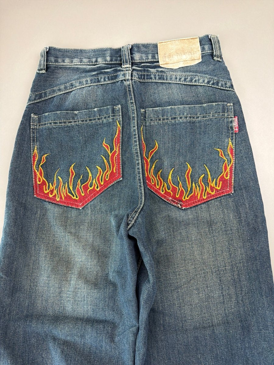 Dermson "Blaze" Embroidered Wide Leg Jeans - Cyber Y2K Flame Denim - Past Pieces