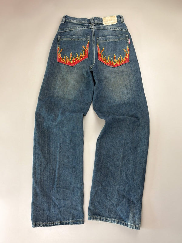Dermson "Blaze" Embroidered Wide Leg Jeans - Cyber Y2K Flame Denim