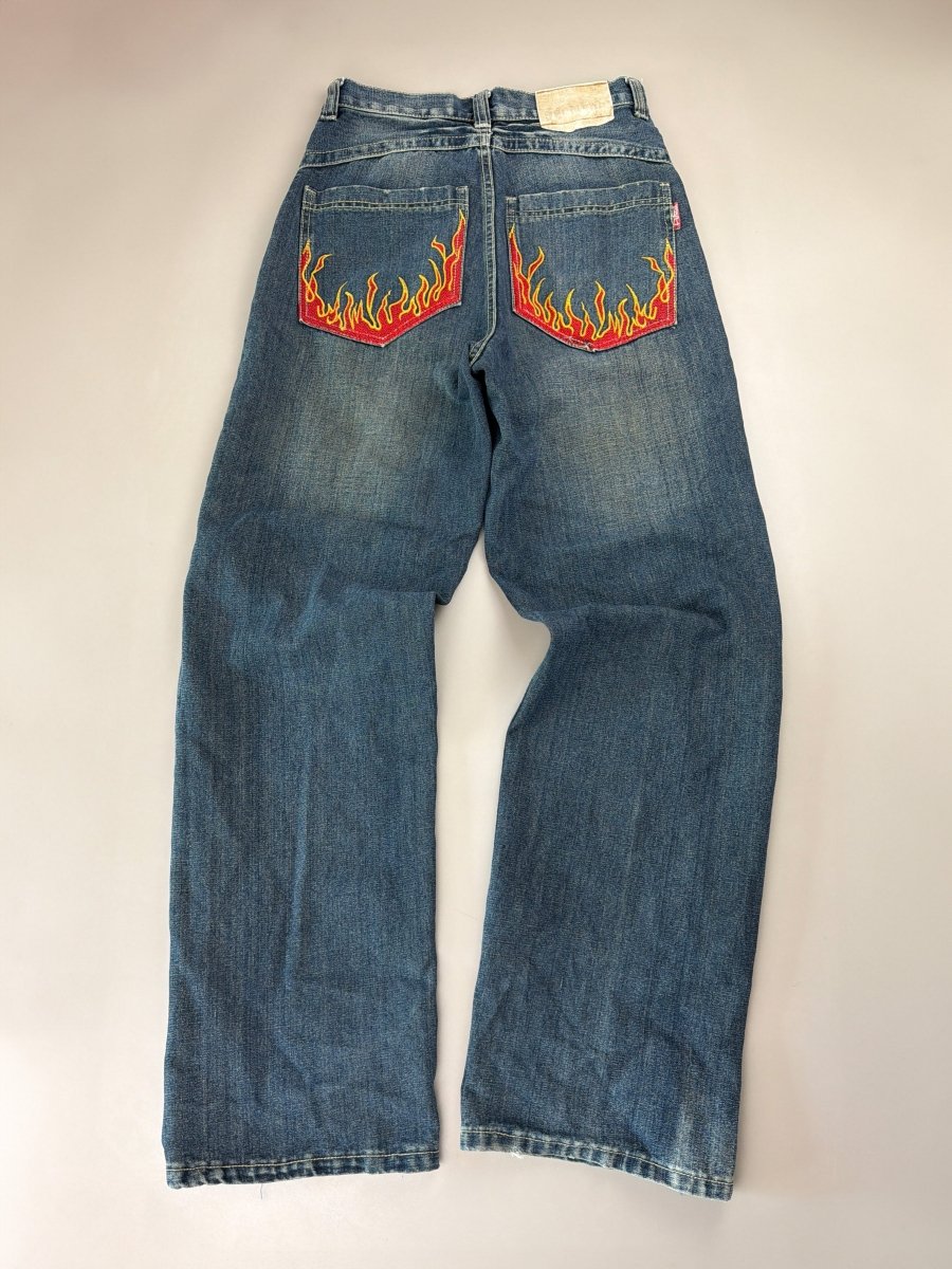 Dermson "Blaze" Embroidered Wide Leg Jeans - Cyber Y2K Flame Denim - Past Pieces
